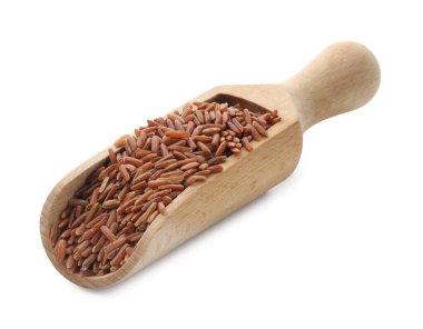 Kepçedeki çiğ kahverengi pirinç beyaza izole edilmiş.