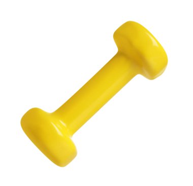 Beyaza izole edilmiş sarı bir dambıl. Spor malzemeleri.