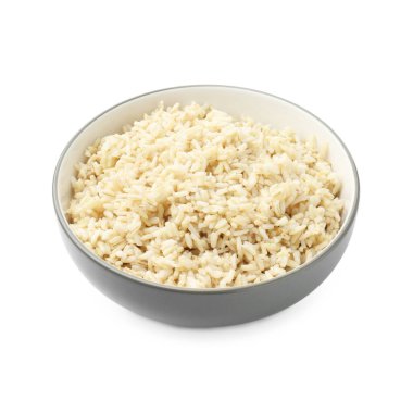 Delicious brown rice in bowl isolated on white