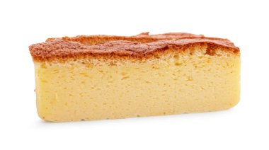 Piece of tasty Japanese Castella sponge cake isolated on white