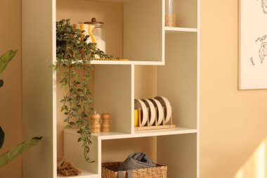 Shelving unit with clean dishware, different products and houseplant indoors