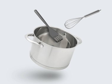 Tencere, sotelenmiş spatula ve beyaz arka planda havada çırpma