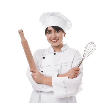 Beyaz arka planda merdanesi olan profesyonel bir aşçı.