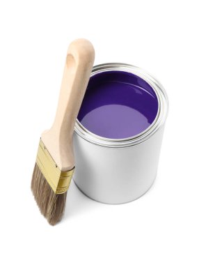 Can of purple paint and brush isolated on white