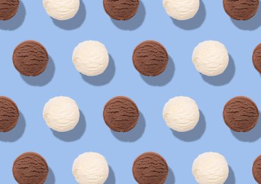 Lezzetli dondurma, açık mavi arka planda değişik tatlar, desen tasarımı.