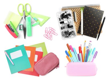 Beyaz arkaplanda parlak okul kırtasiyesi seti
