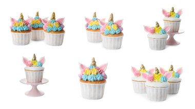 Lezzetli tek boynuzlu at kekleri beyaz sette izole edilmiş.