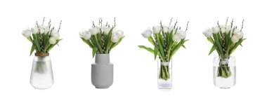 Beyaz lale çiçekleri ve söğüt dallarından oluşan bir buket beyaz vazoda izole edilmiş vazolar.