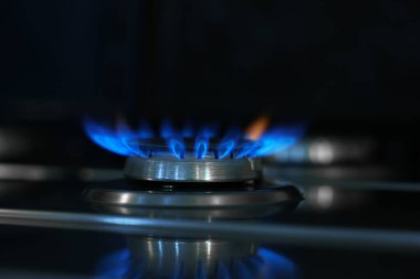 Ocakta mavi alev olan gaz ocağı, yakın çekim
