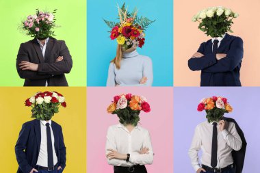Sanat kolajı. Renkli arka planda kafaları yerine çiçek buketleri olan insanlar.