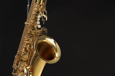 Jazz. One beautiful saxophone on black background, closeup. Space for text