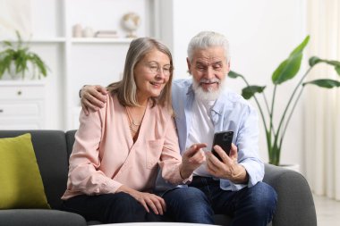 Mutlu yaşlı çift evdeki kanepede akıllı telefona bakıyor.