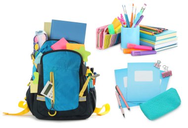 Beyaz arkaplanda sırt çantası ve parlak okul kırtasiyesi, set