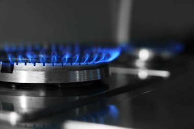 Gas burners with blue flame on stove, closeup