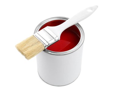 Can of red paint and brush isolated on white