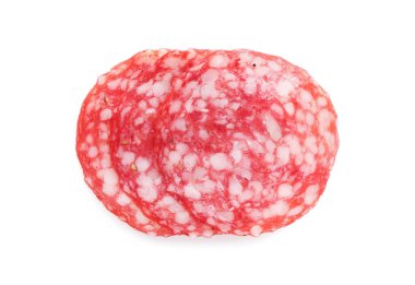 Slices of tasty smoked sausage on white background, top view
