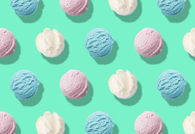 Lezzetli dondurma, turkuaz arka planda değişik tatlar, desen tasarımı.