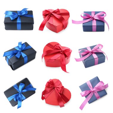 Beyaz arka planda kurdeleli farklı hediye kutuları, kolaj. Üst ve yan görünümler