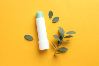 Dudak kremi ve okaliptüs yaprakları sarı arka planda, düz yerde.