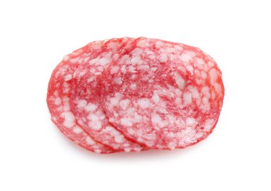 Slices of tasty smoked sausage on white background