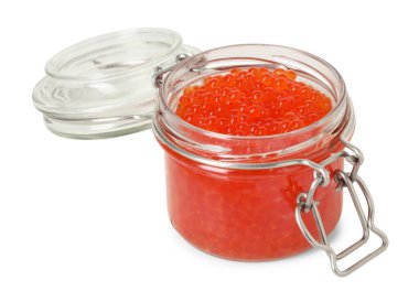 Delicious red caviar in jar isolated on white