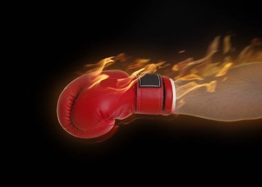 Siyah arka planda eli alevler içinde boksör, yakın plan. Sportif etkinlik için şık bir poster