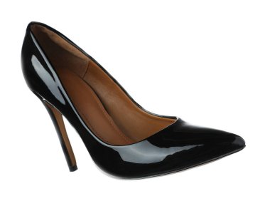 Stylish black high heeled shoe in air isolated on white