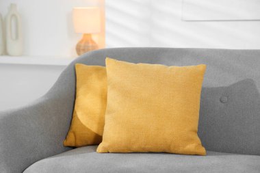 Odadaki kanepede yumuşak dekoratif yastıklar.