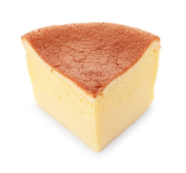 Piece of tasty Japanese Castella sponge cake isolated on white
