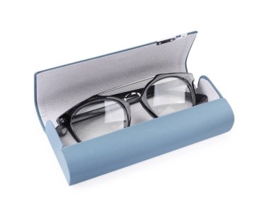One stylish case with glasses isolated on white