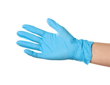 Beyaz arka planda tıp eldivenli doktor, yakın plan.