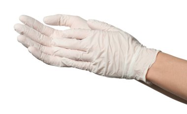 Tıbbi eldivenli doktor beyaz arka planda, yakın plan.