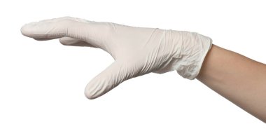 Tıbbi eldivenli doktor beyaz arka planda bir şey tutuyor.