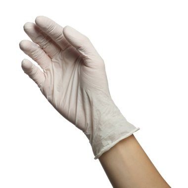 Beyaz arka planda tıp eldivenli doktor, yakın plan.