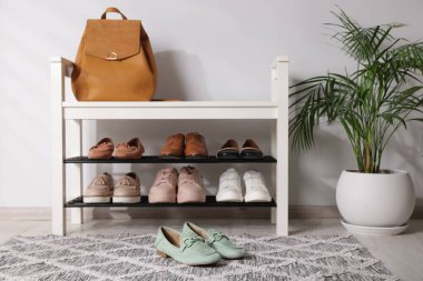 Farklı şık ayakkabılar, poşetler ve ev bitkileriyle ayakta durun.