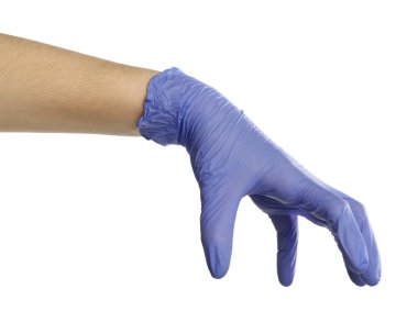 Tıbbi eldivenli doktor beyaz arka planda bir şey tutuyor.