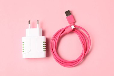 USB güç adaptörü ve soluk pembe arka planda şarj kablosu, düz yatıyordu