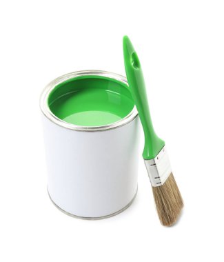 Can of green paint and brush isolated on white