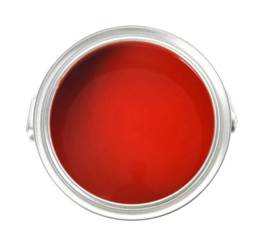 Kırmızı boya tenekesi beyaza izole edilmiş, üst manzara