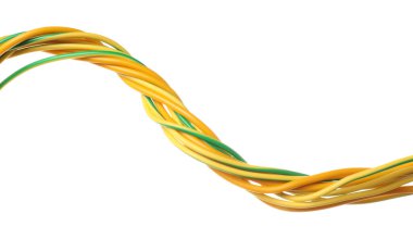 Birçok renkli elektrik kablosu beyaza izole edilmiş.