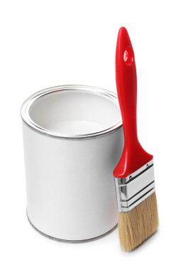 Open can of paint and brush isolated on white