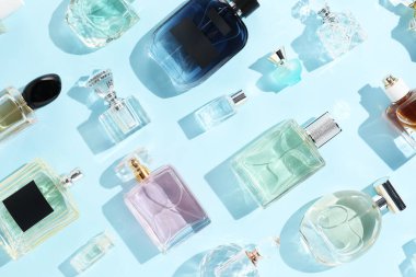 Bottles of various perfumes on light blue background, flat lay