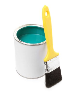 Can of turquoise paint and brush isolated on white