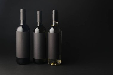 Siyah arkaplanda şarap şişeleri, metin için boşluk
