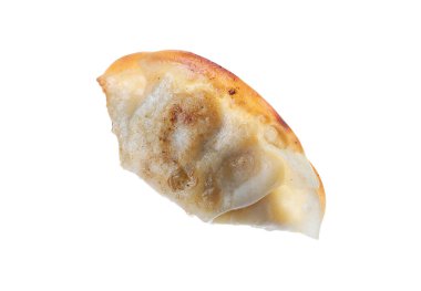 Bir kızarmış gyoza hamur tatlısı, beyaz üzerine izole edilmiş.