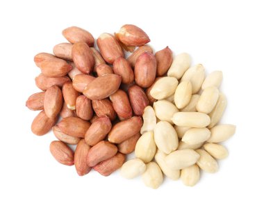 Pile of fresh peanuts isolated on white, top view