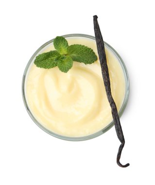 Tasty vanilla pudding, mint and pod isolated on white, top view