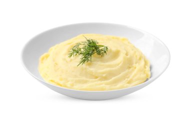 Lezzetli patates püresi, beyazı izole edilmiş dereotlu.
