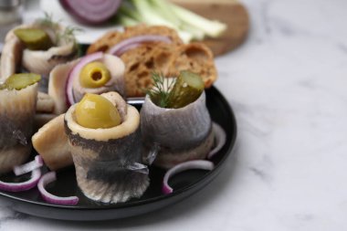 Zeytinli, turşulu, dereotlu, soğanlı ve ekmek parçalı nefis ringa balıkları, yakın plan. Metin için boşluk