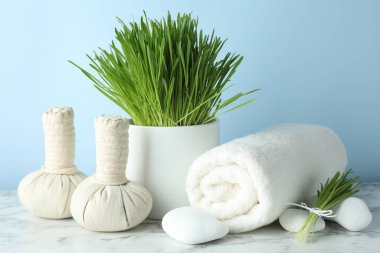 Spa composition with wheatgrass on white marble table